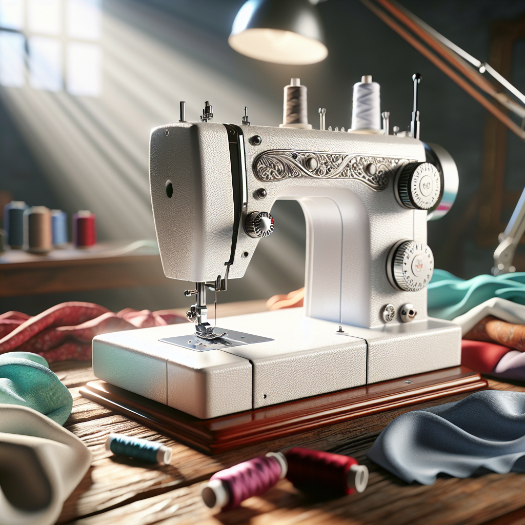 A sewing machine with visible thread tension settings surrounded by various types of fabrics.