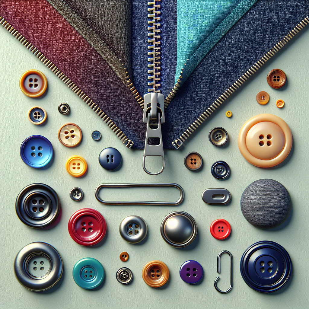 An assortment of sewing zippers and closures including concealed, visible zippers, buttons, and hook-and-eye closures.