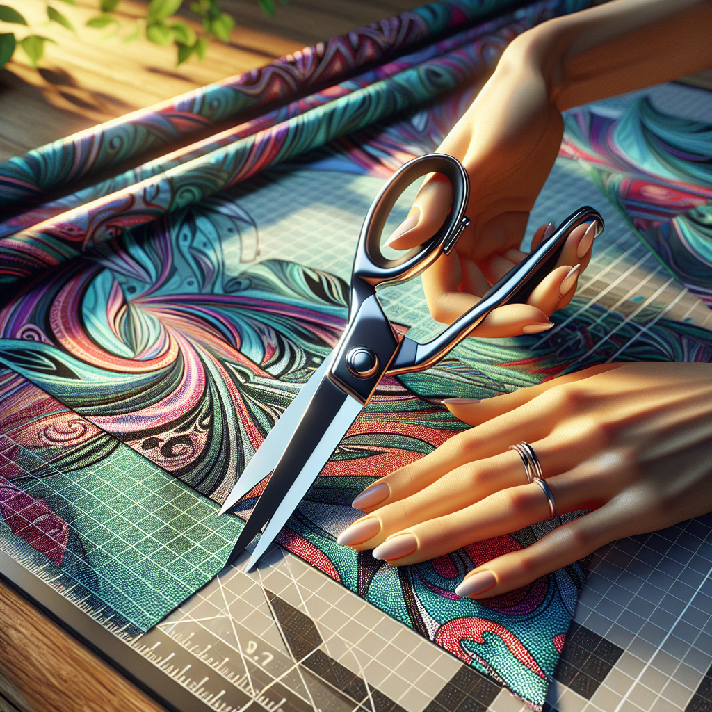 A close-up of hands cutting colorful fabric with scissors on a cutting mat.