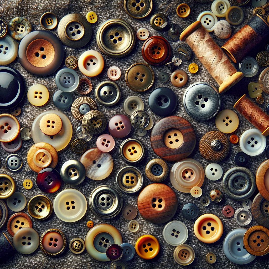 A collection of different types of sewing buttons arranged on fabric.