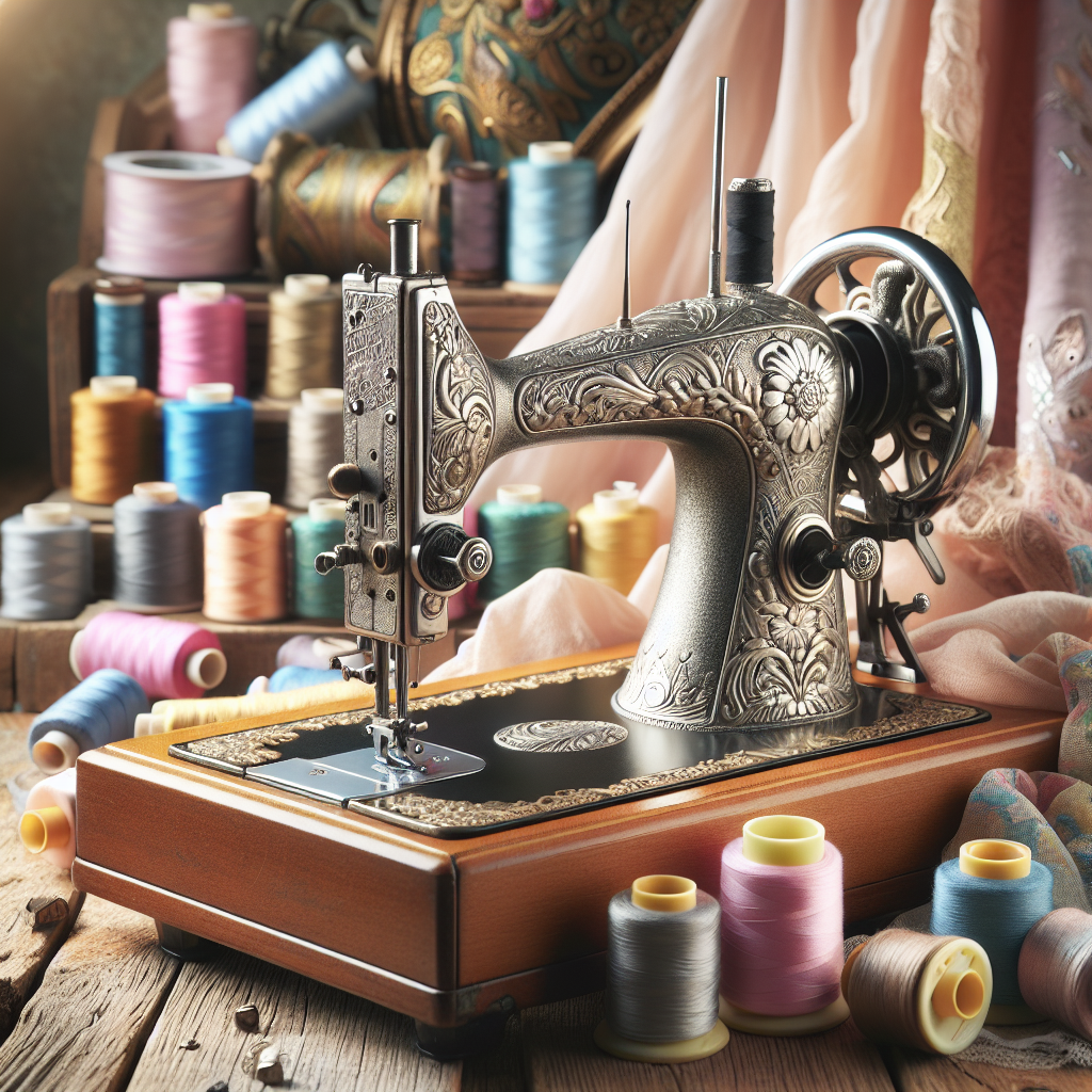 A vintage sewing machine surrounded by colorful spools of thread and fabric scraps.