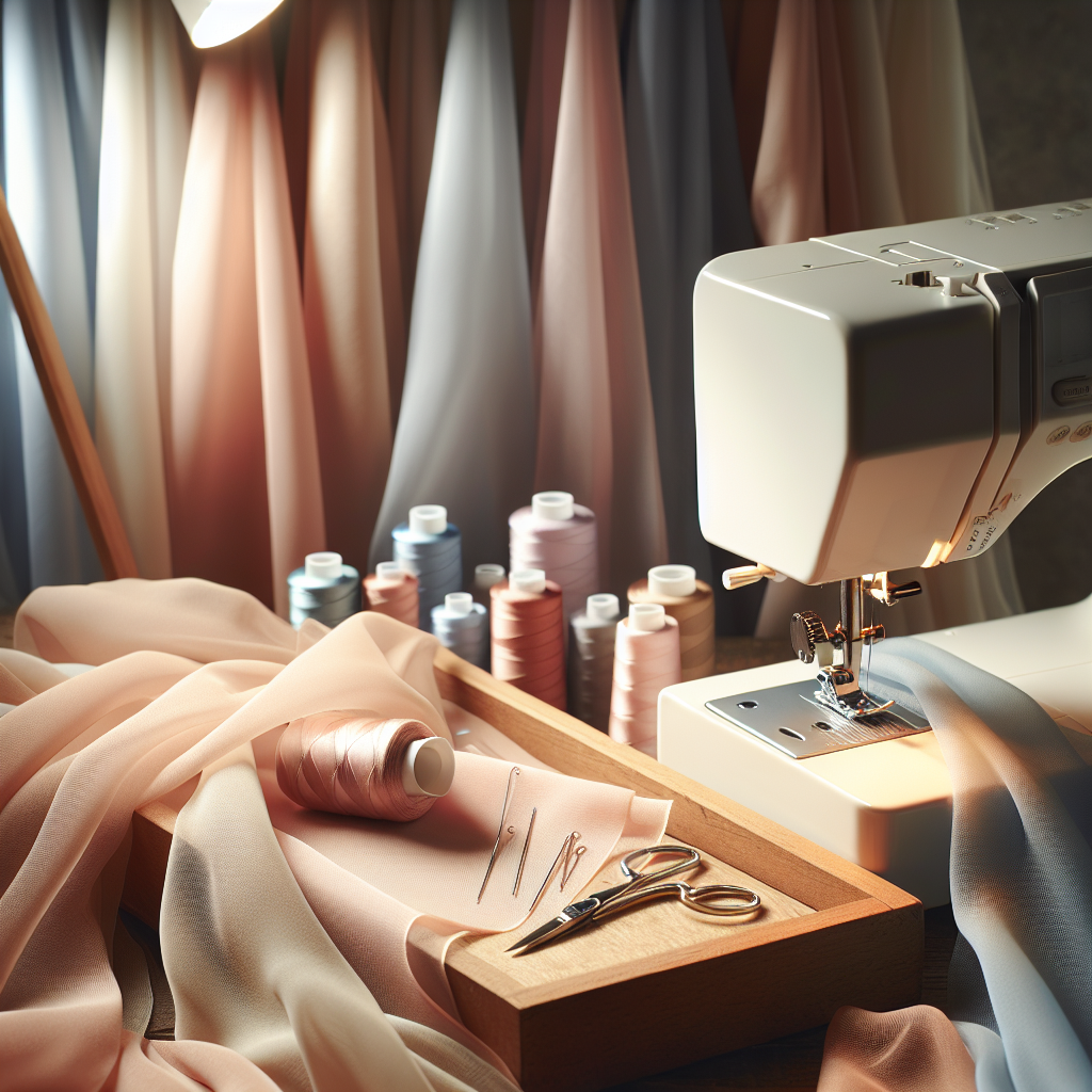 A close-up view of lightweight fabrics and a sewing machine in a workshop setting.