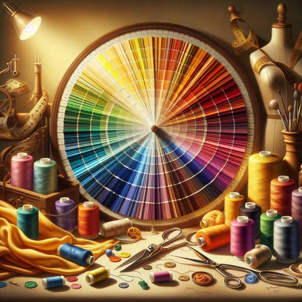 A vibrant color wheel surrounded by sewing materials like threads, scissors, and fabric swatches.