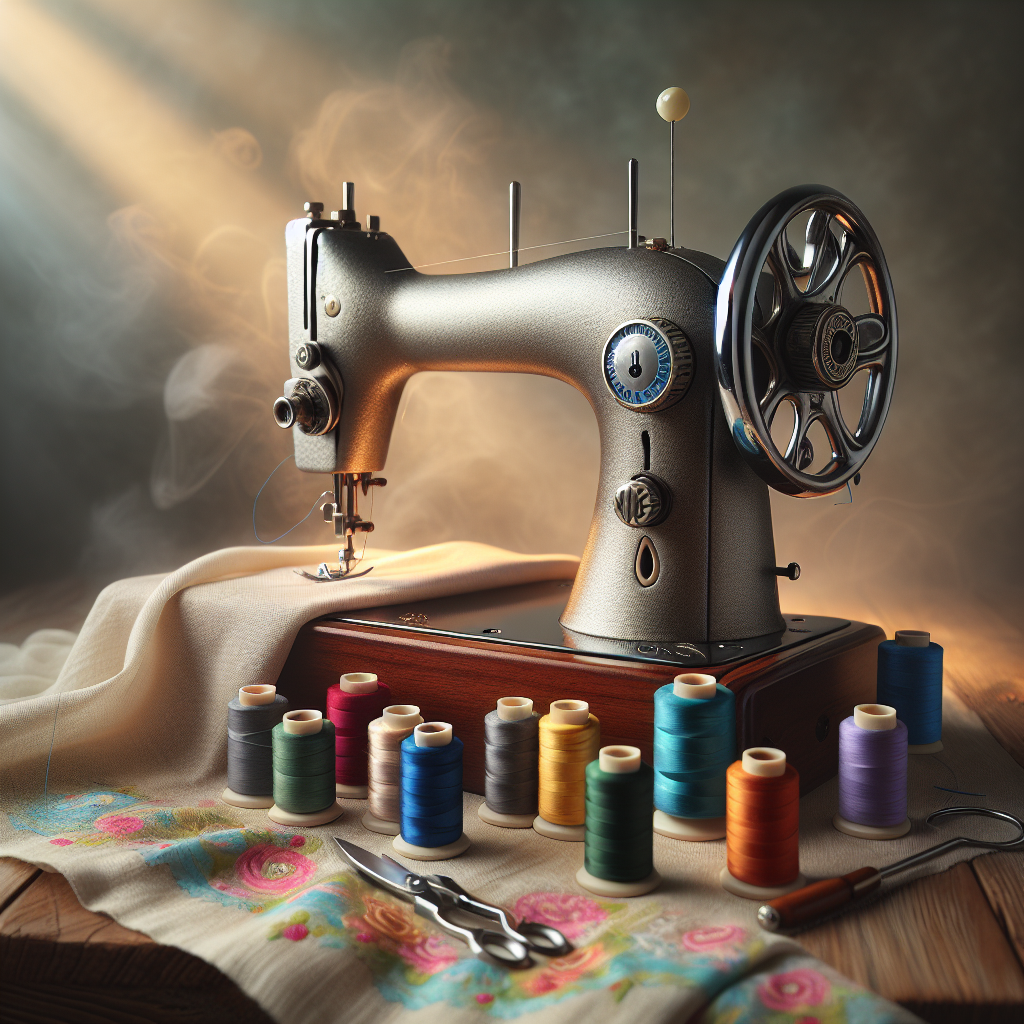 A sewing machine on a wooden table surrounded by colorful spools of thread and fabric.