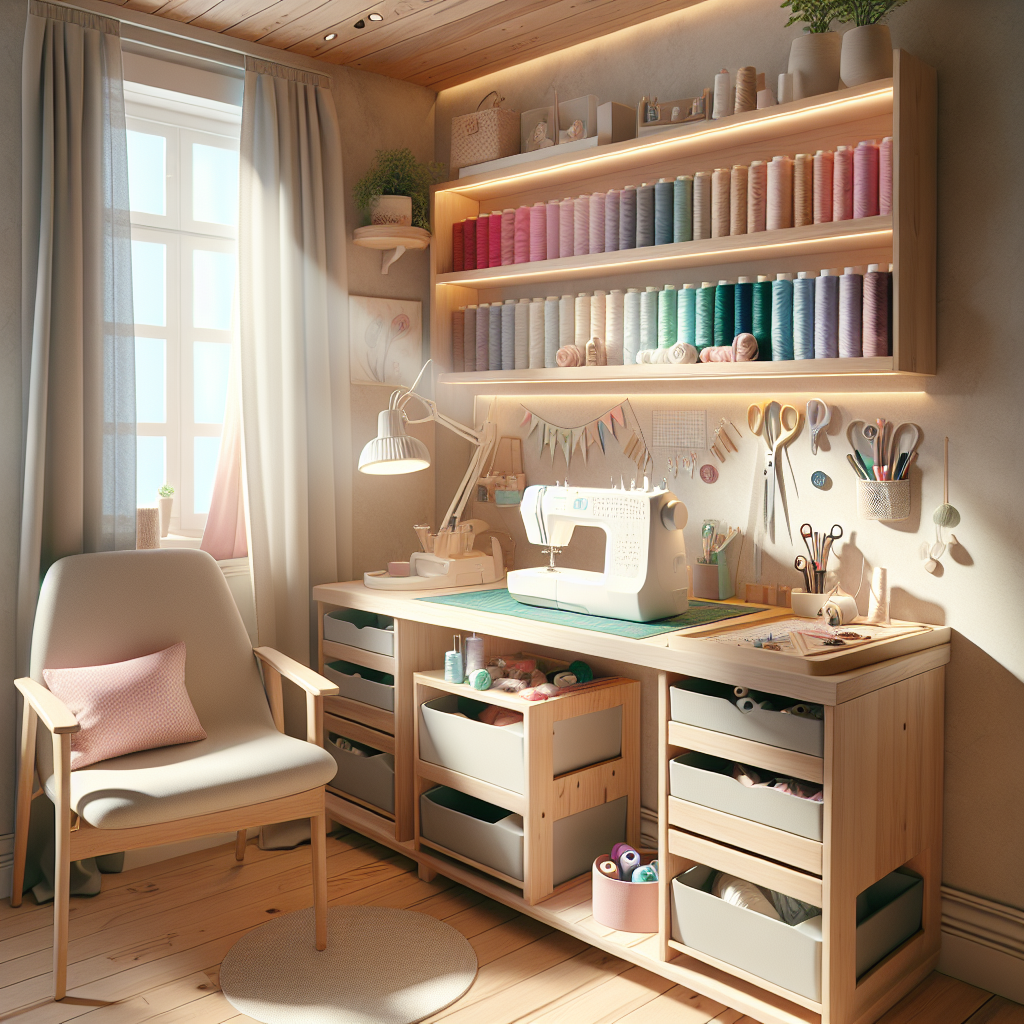 A well-organized small sewing space with a sewing machine, colorful storage, and bright lighting.