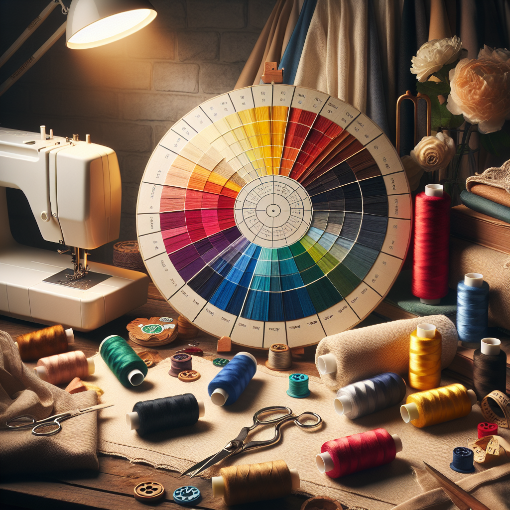 A sewing workspace with a color wheel, spools of thread, a sewing machine, and fabric pieces.