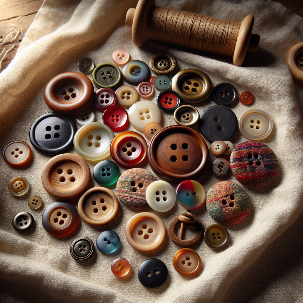 Various types of sewing buttons displayed on a light fabric background.