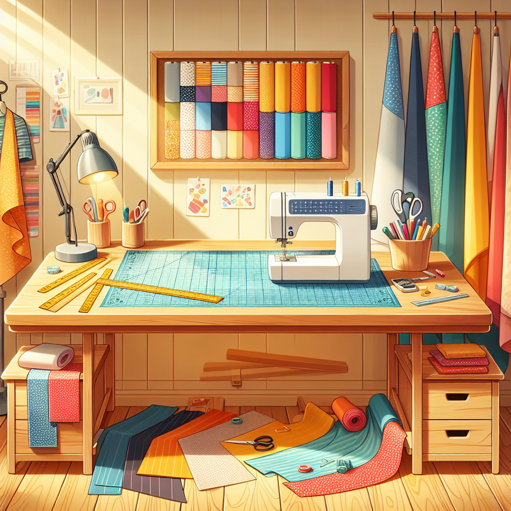 A sewing workspace with fabric cutting tools and colorful fabrics.