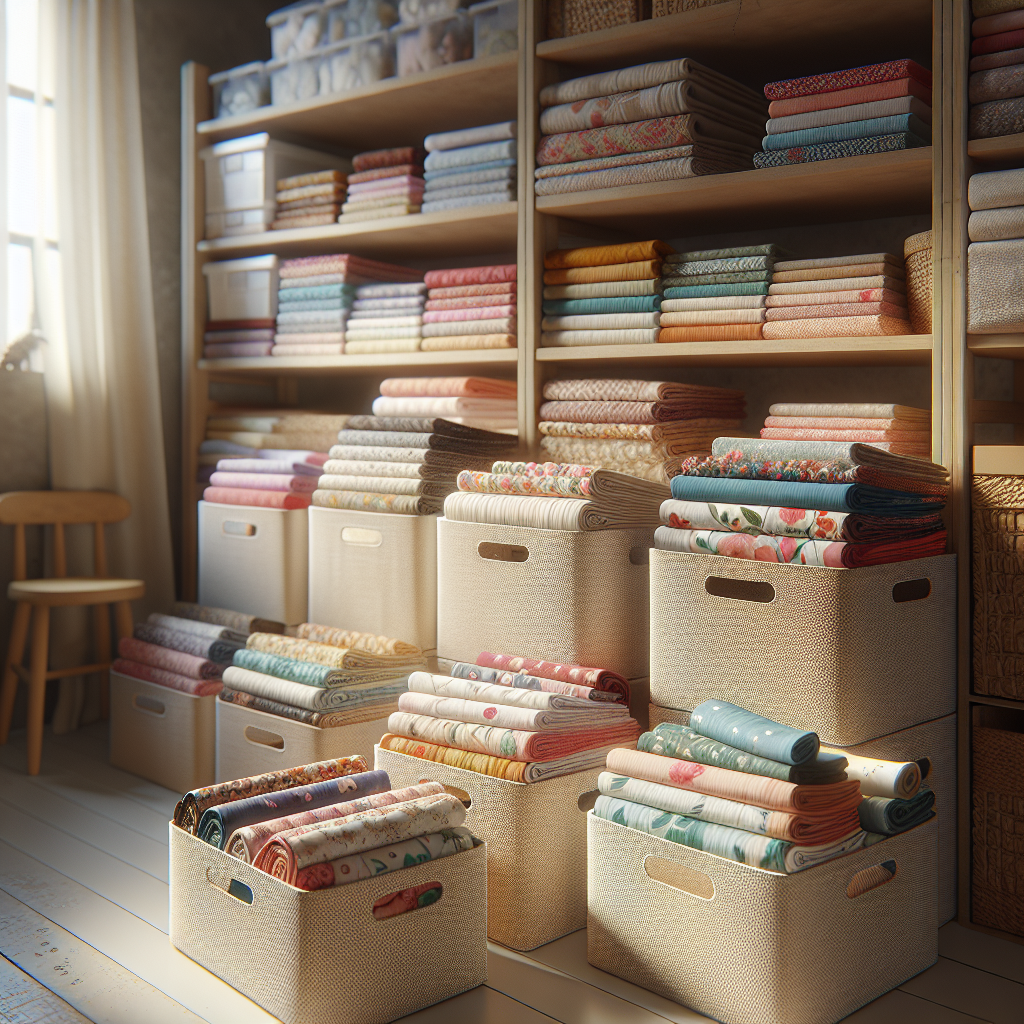 Neatly folded fabrics in colorful patterns stored in breathable bins.