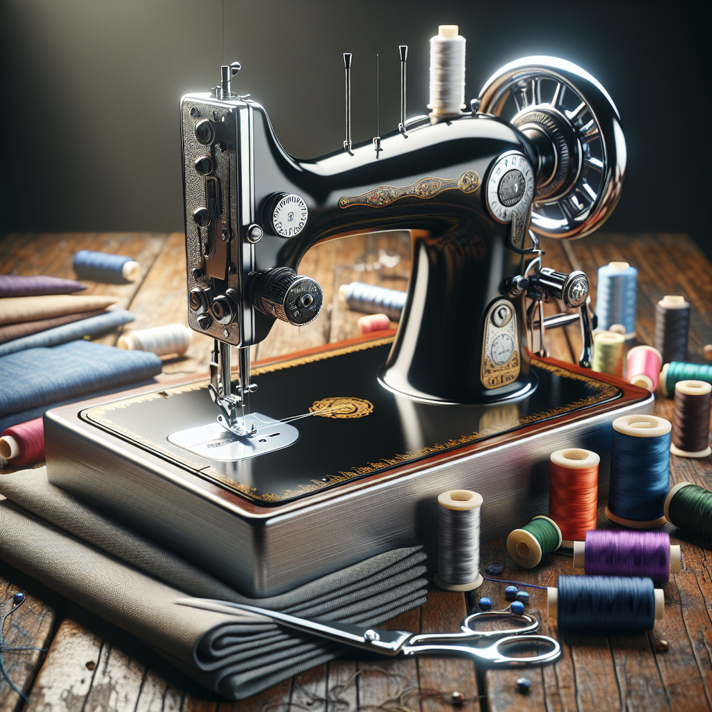 A realistic sewing machine on a wooden table surrounded by threads and fabrics.