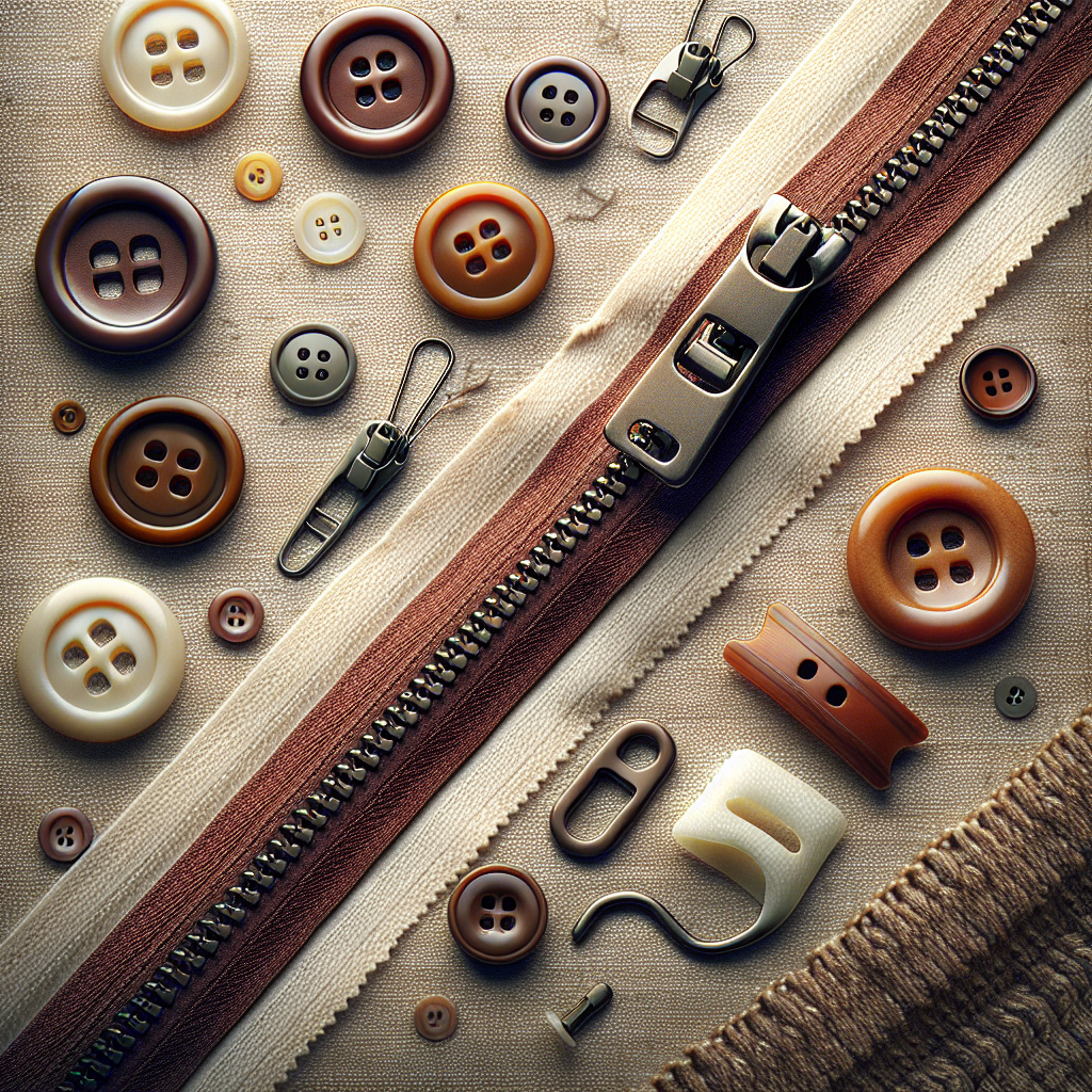 Various types of zippers and closures for sewing on a textured fabric background.