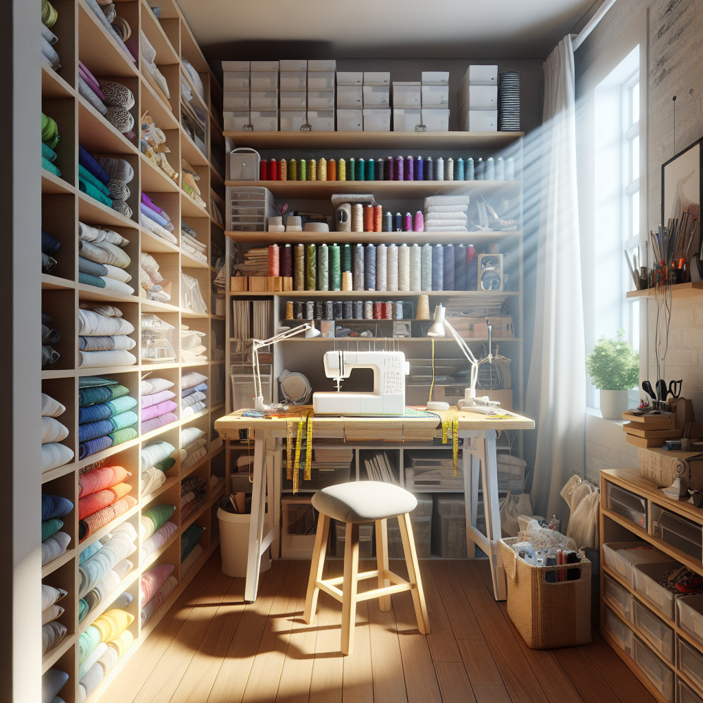 A compact and organized sewing space with a sewing machine, colorful fabrics, and natural lighting.