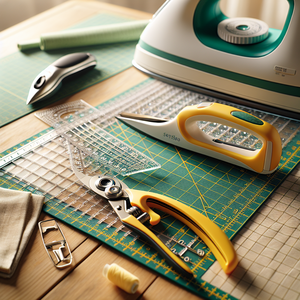 Essential quilting tools arranged on a wooden table.