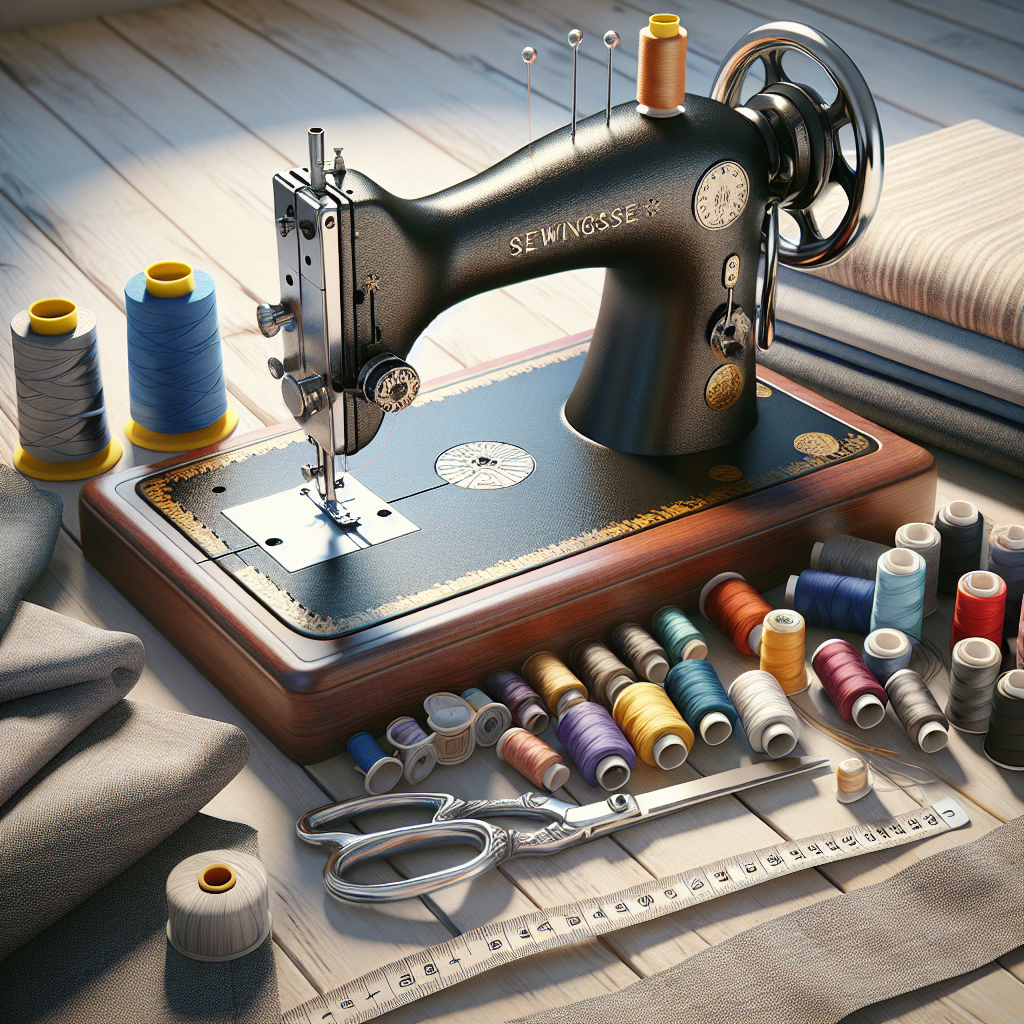 A well-organized sewing workspace featuring a vintage sewing machine, colorful threads, fabric swatches, and sewing tools.