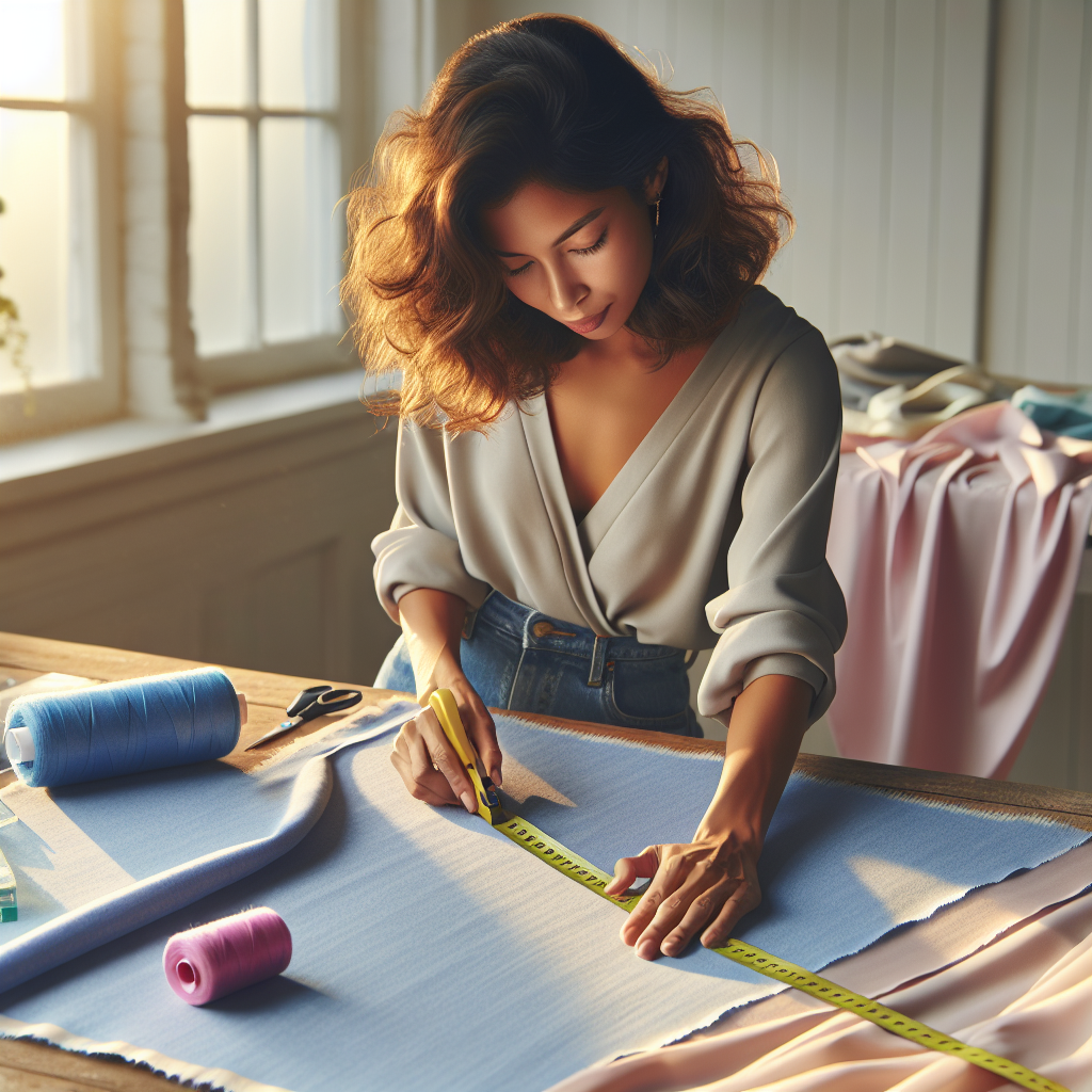 A seamstress measuring fabric using a yellow tape measure in a well-lit workspace.