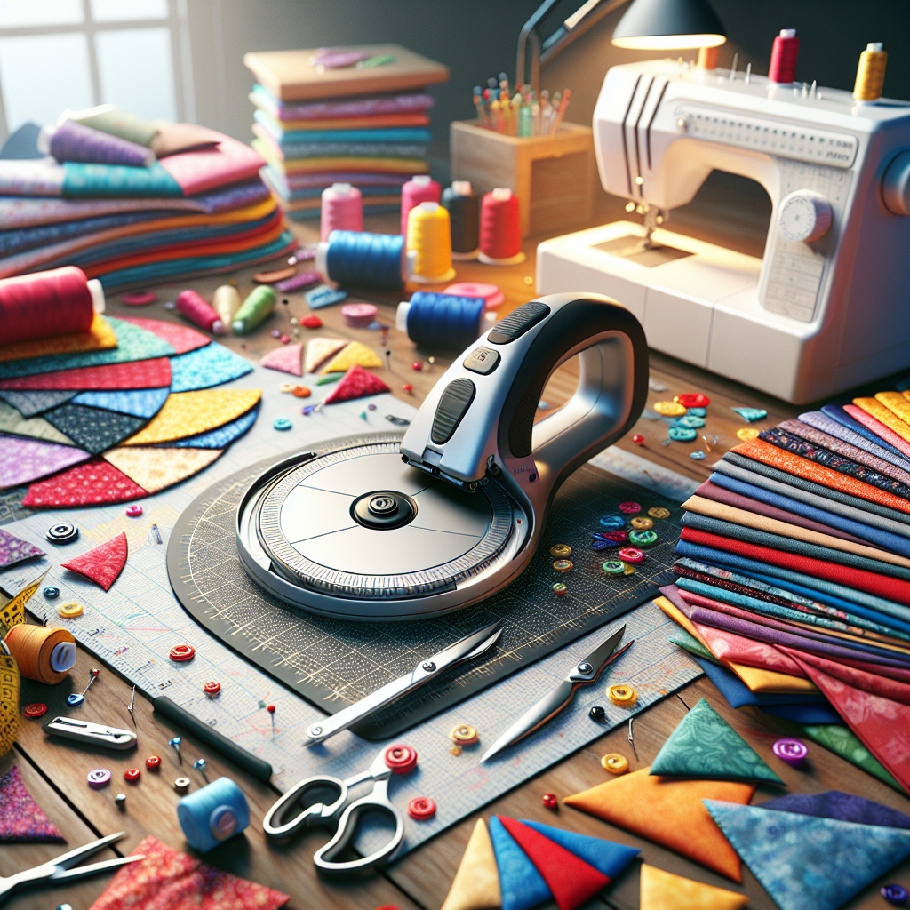 A realistic sewing workspace with a rotary cutter, fabric pieces, sewing machine, and vibrant sewing tools.