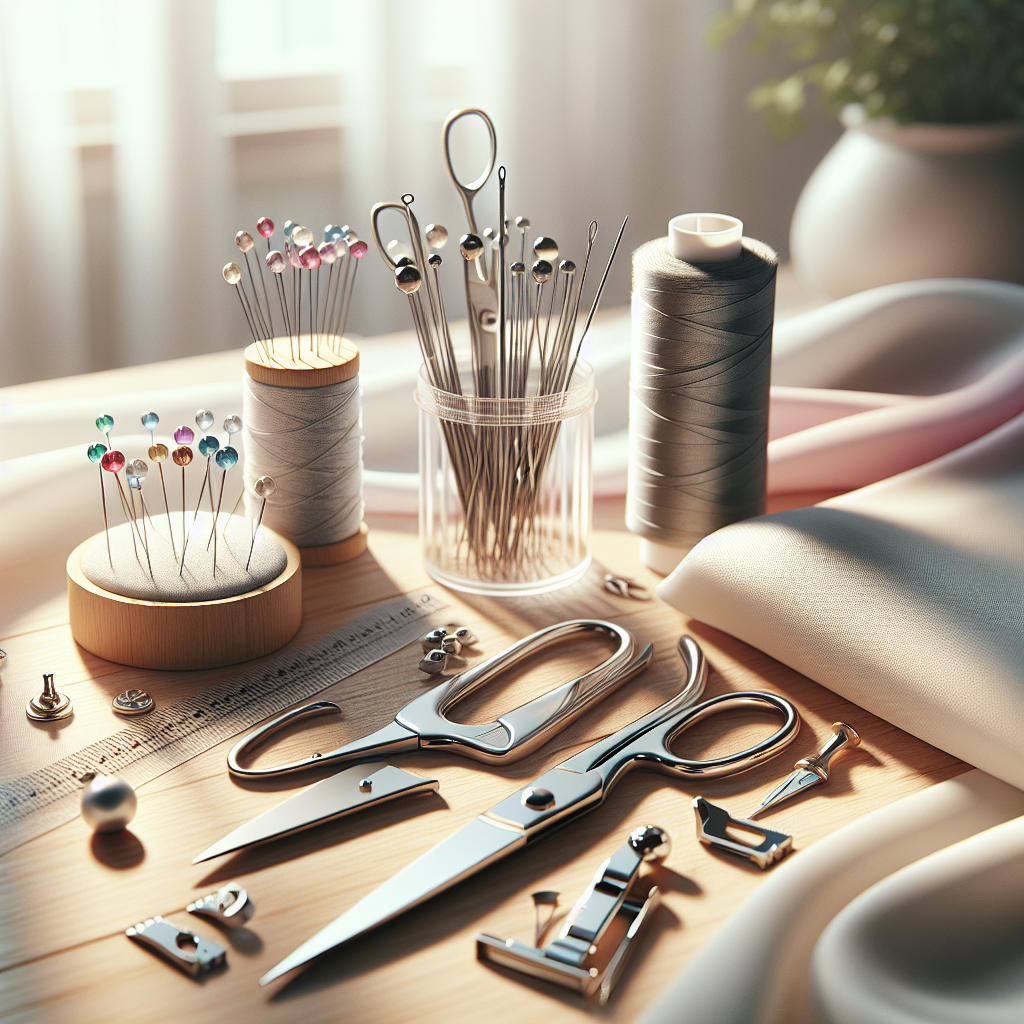 Essential sewing tools for delicate fabrics including scissors, pins, glue, and more on a wooden table.