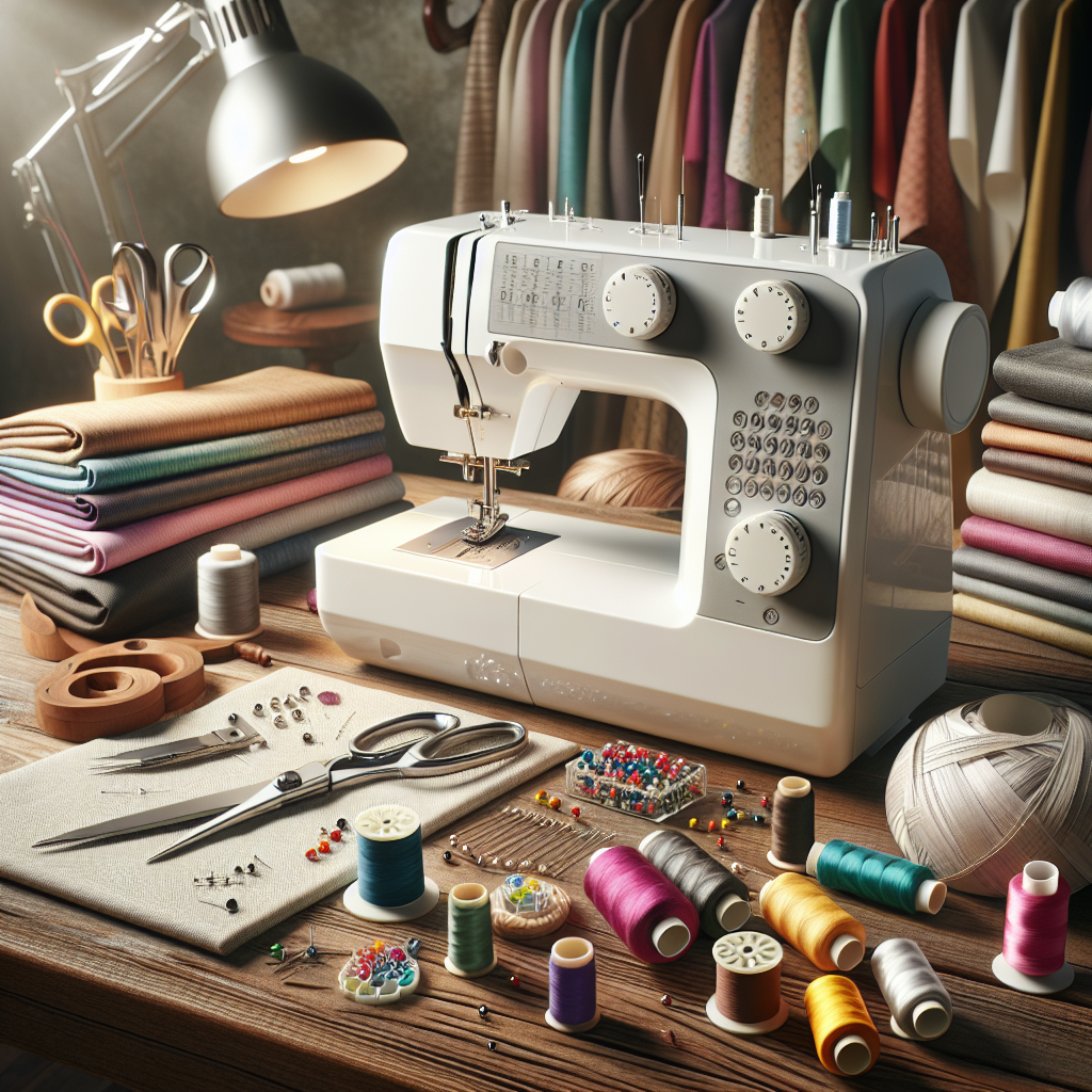 A sewing workspace with a sewing machine, colorful threads, fabrics, and sewing tools.