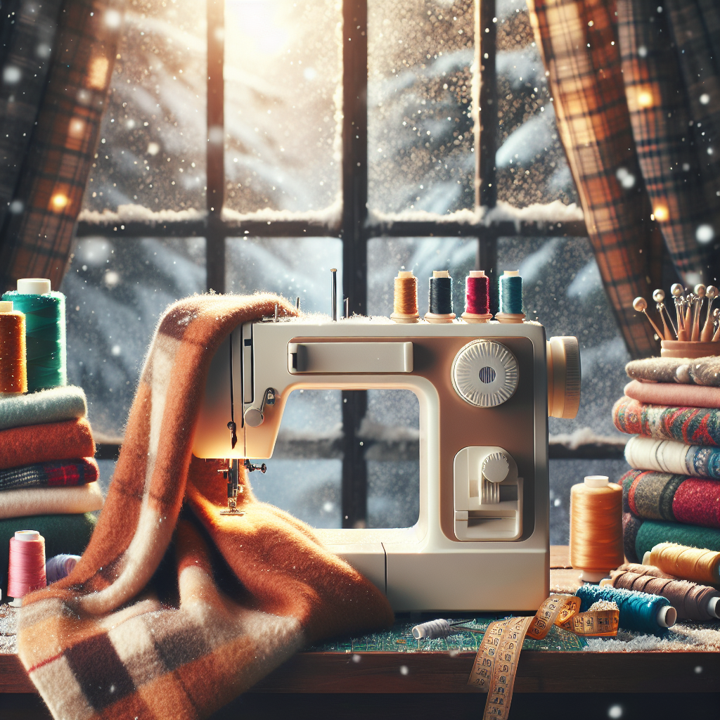 A cozy winter sewing workspace with a sewing machine, colorful fabrics, and falling snow outside.