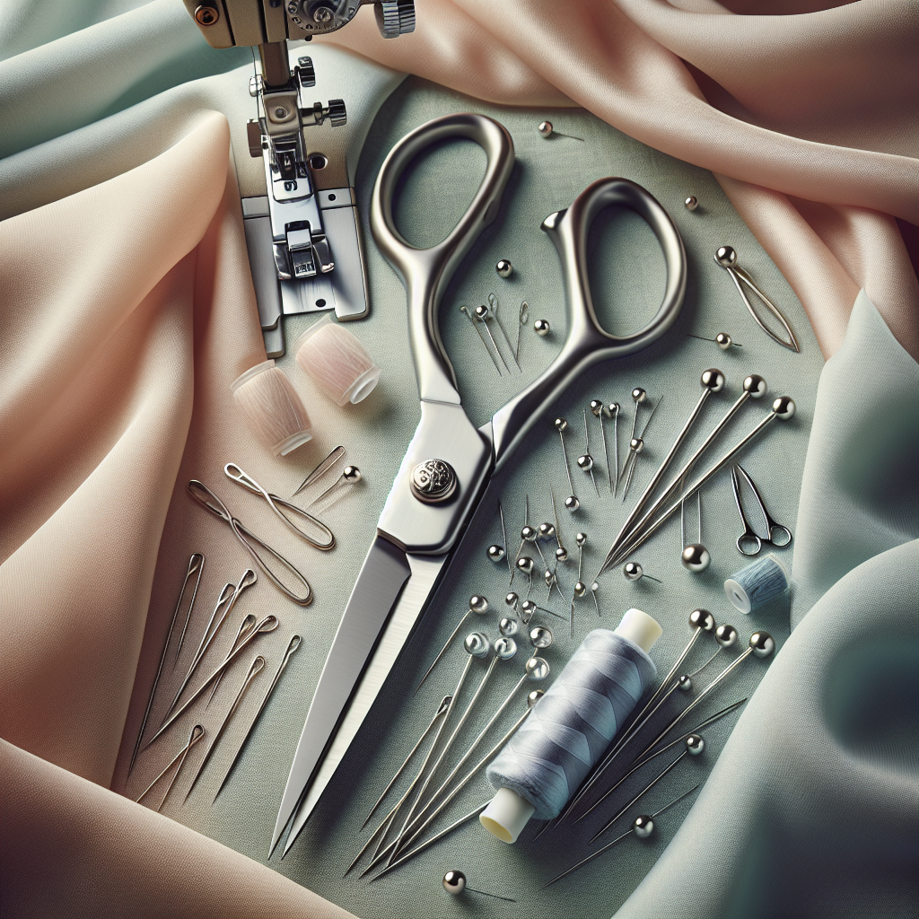 Essential sewing tools for delicate fabrics: scissors, pins, fabric glue, sewing machine, and needles.