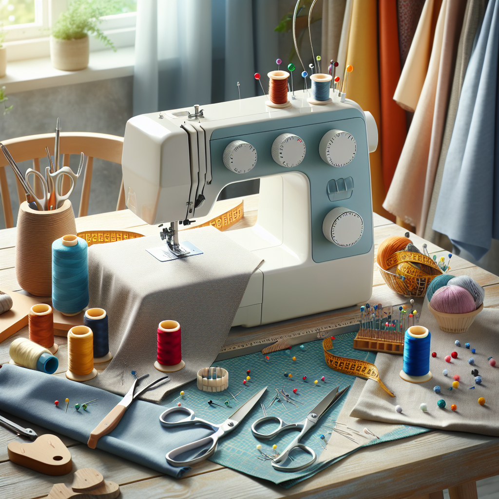 A sewing workspace with a sewing machine, colorful spools of thread, and crafting tools.