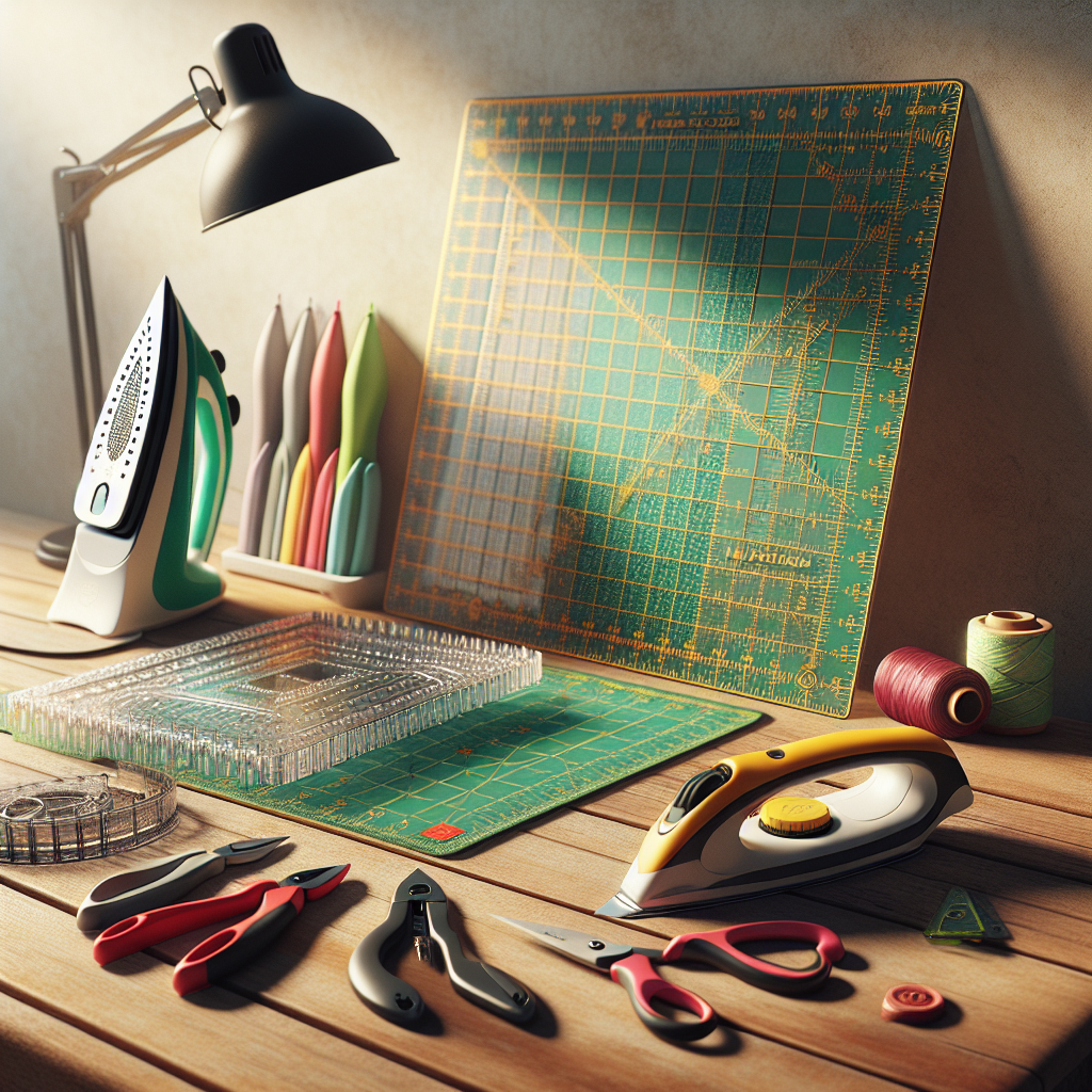 Essential quilting tools arranged on a wooden table.