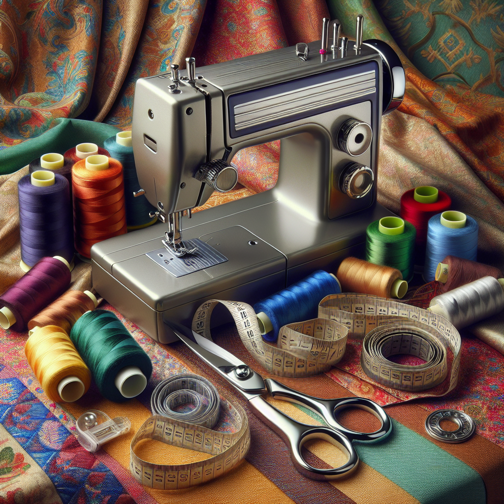 A variety of sewing tools on a colorful fabric background.