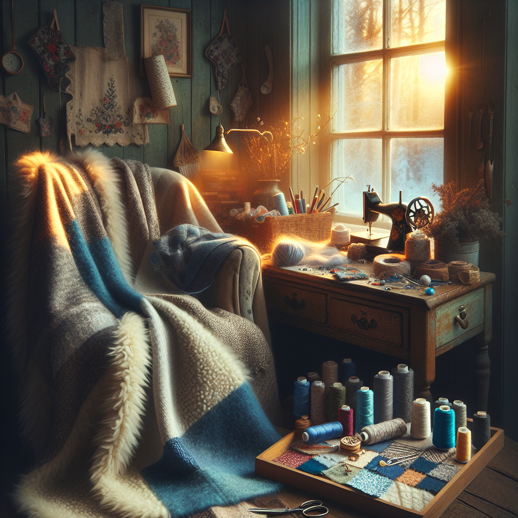 A cozy winter sewing scene with fabric and tools in a warmly lit room.