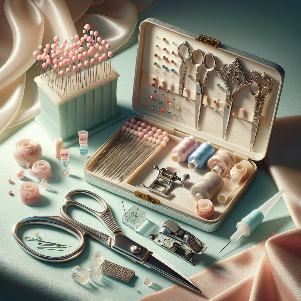 Essential sewing tools for delicate fabrics: scissors, pins, fabric glue, walking foot, and needles.