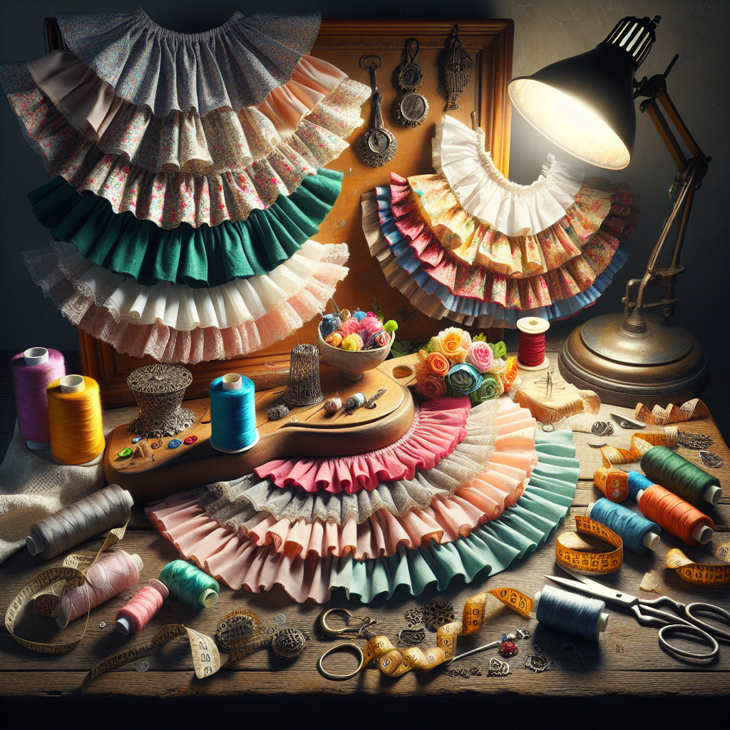 Various types of sewing ruffles on a wooden sewing table with sewing tools.