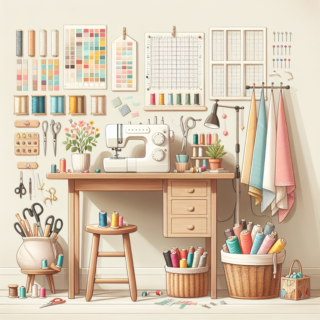 A cozy sewing space with a sewing machine, colorful threads, and fabric pieces.