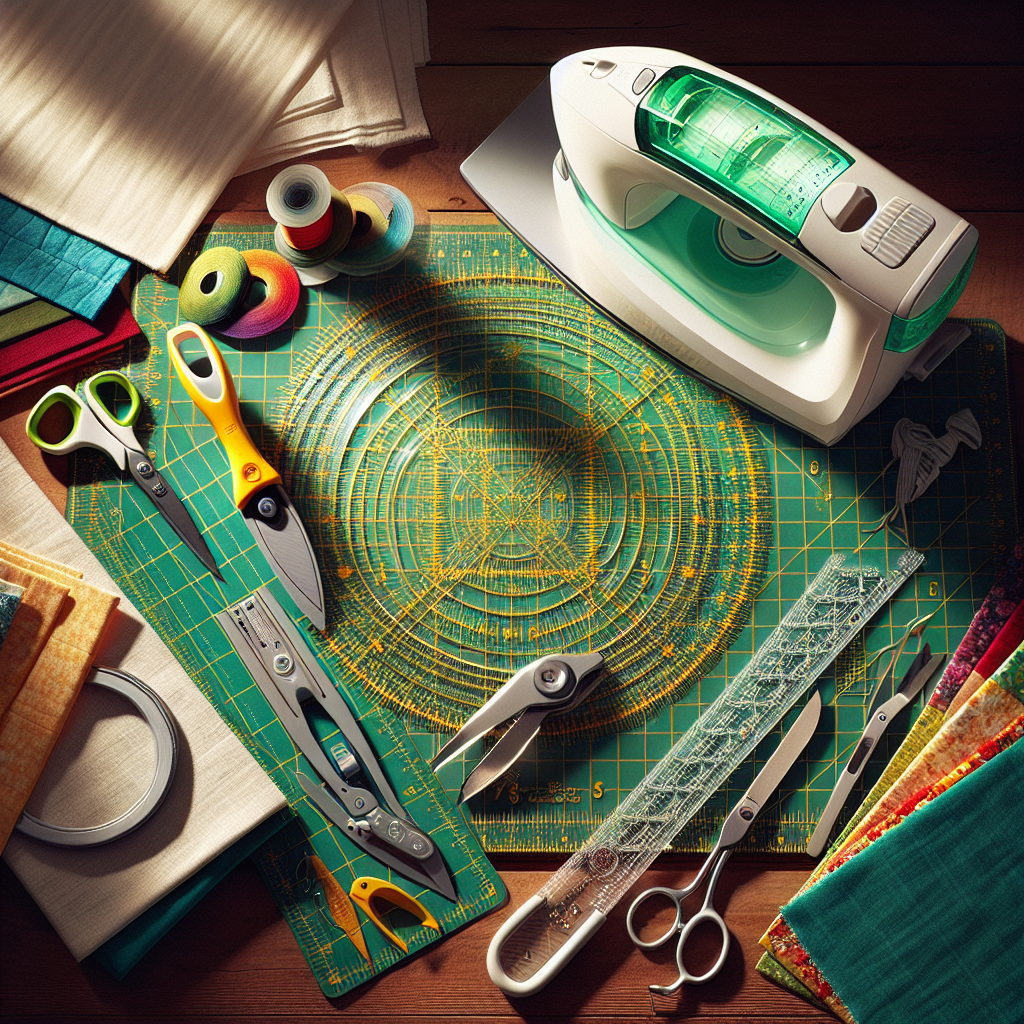 Essential tools for quilting including a rotary cutter, cutting mat, quilting ruler, seam ripper, thread cutter, and iron on a wooden table.