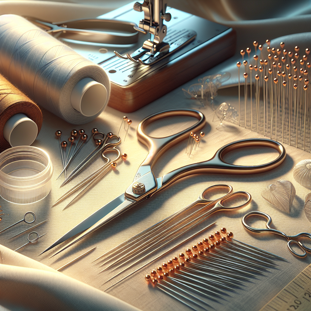 Essential sewing tools including fabric scissors, lightweight pins, fabric glue, fine needles, and a walking foot on a soft fabric surface.