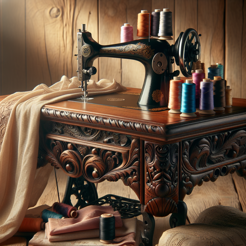 A serene sewing setup with a wooden table, colorful spools of thread, and a vintage sewing machine.