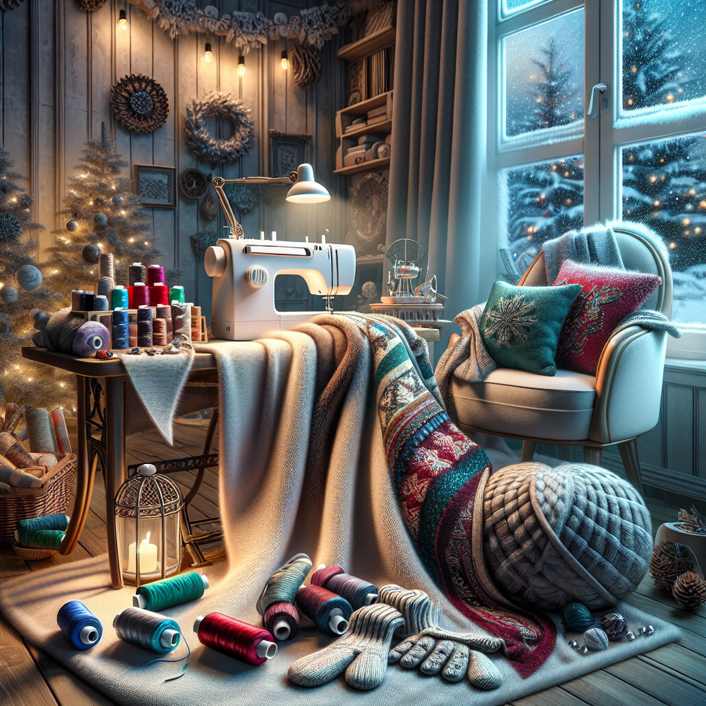 A cozy winter sewing setup with blankets, sewing materials, and winter decorations.