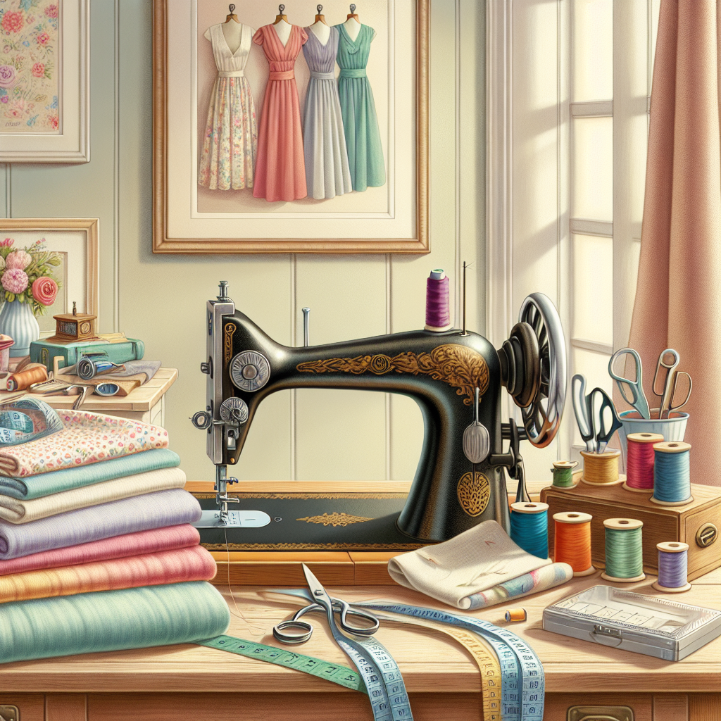 A serene sewing workspace featuring fabrics, a sewing machine, and tools.