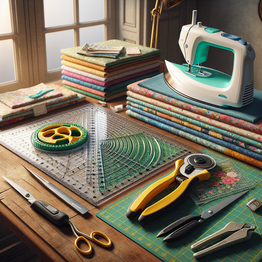 A collection of essential quilting tools including a rotary cutter, cutting mat, acrylic ruler, seam ripper, thread cutter, and an iron on a table with colorful fabric.