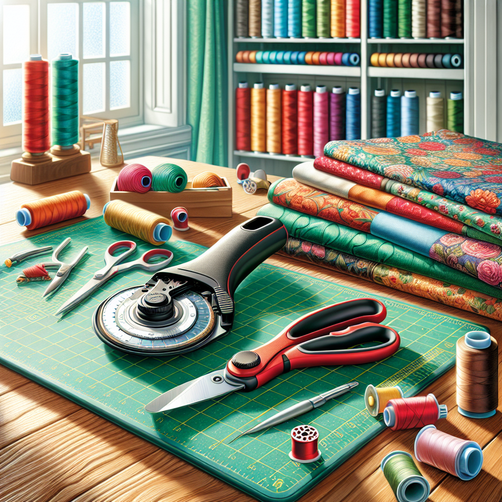 A sewing workspace with a rotary cutter, cutting mat, colorful fabrics, and threads.