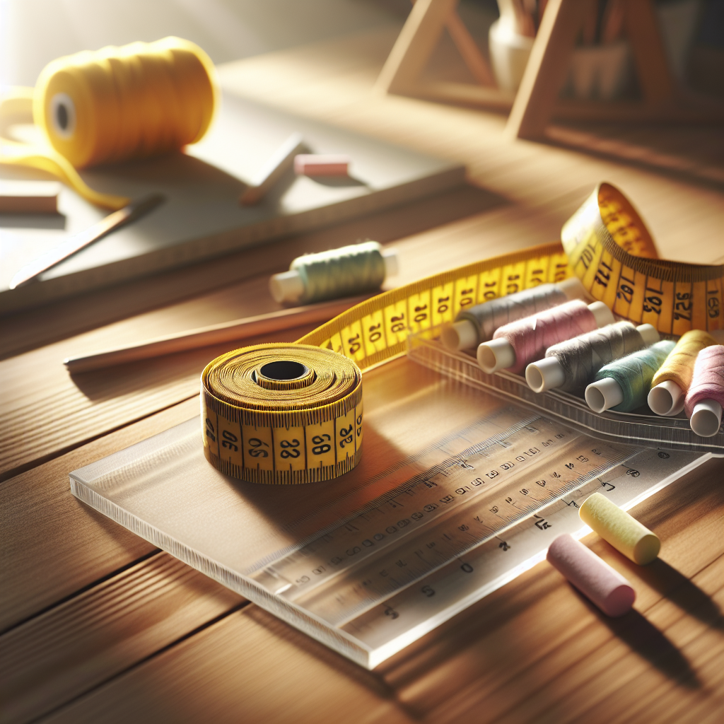 Essential sewing tools on a wooden surface, including a measuring tape, ruler, and tailor's chalk.