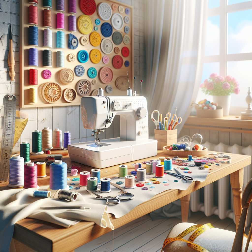 A sewing workspace with colorful threads, a sewing machine, and fabric pieces.