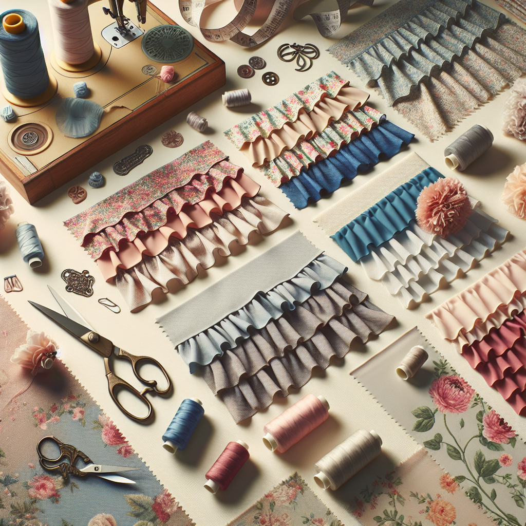 Different types of ruffles displayed on fabric swatches in a sewing workshop.