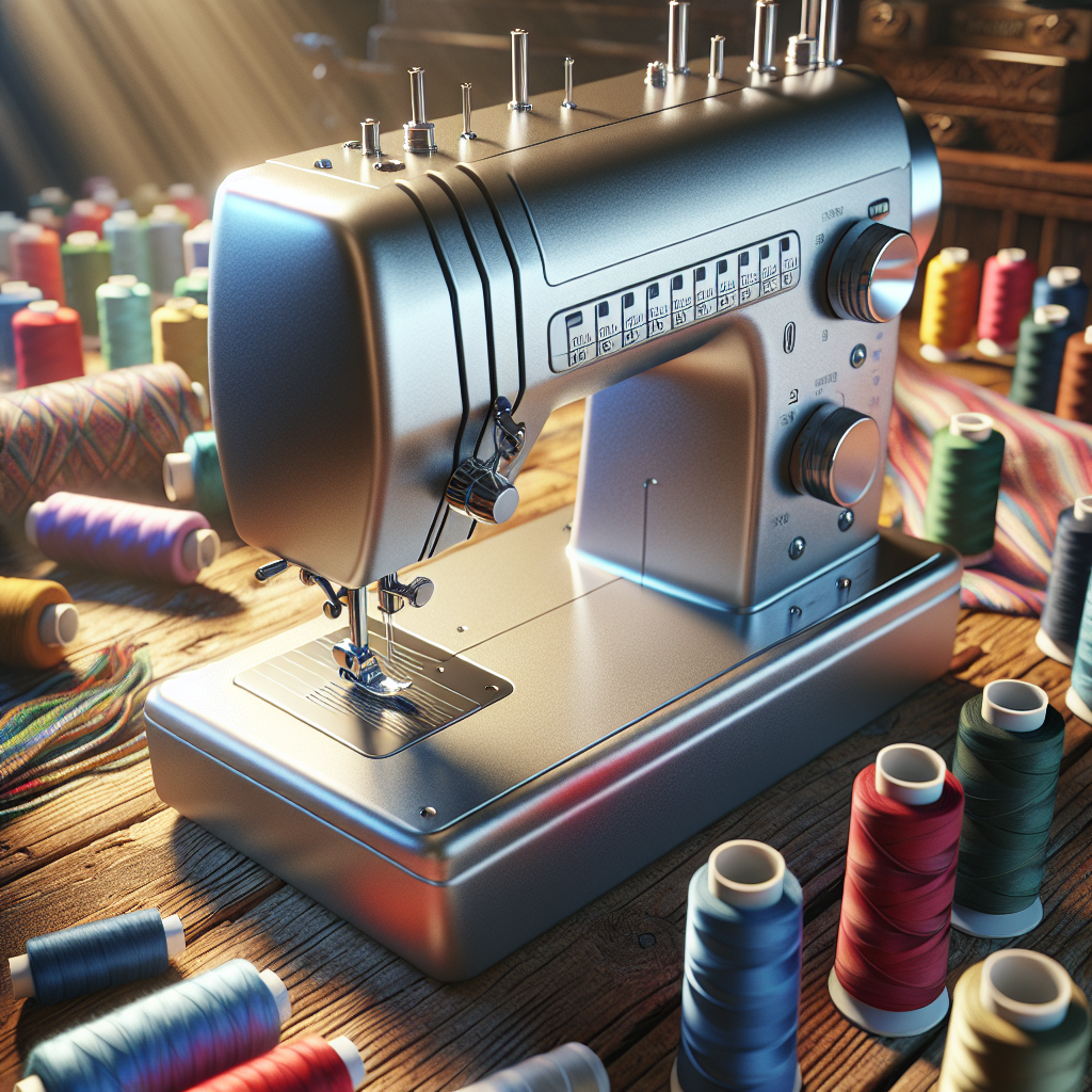 A sewing machine with colorful spools of thread on a wooden table.