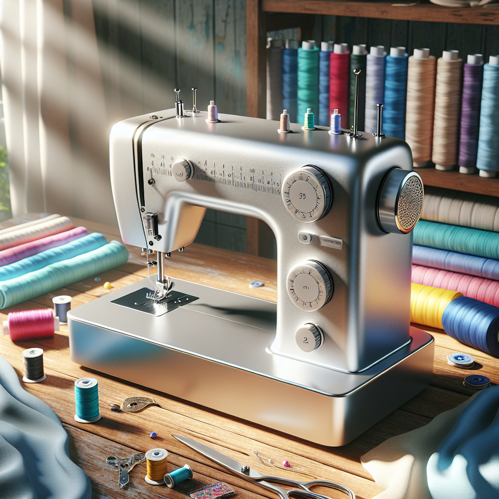 A modern sewing machine surrounded by colorful fabrics and accessories in a bright sewing room.