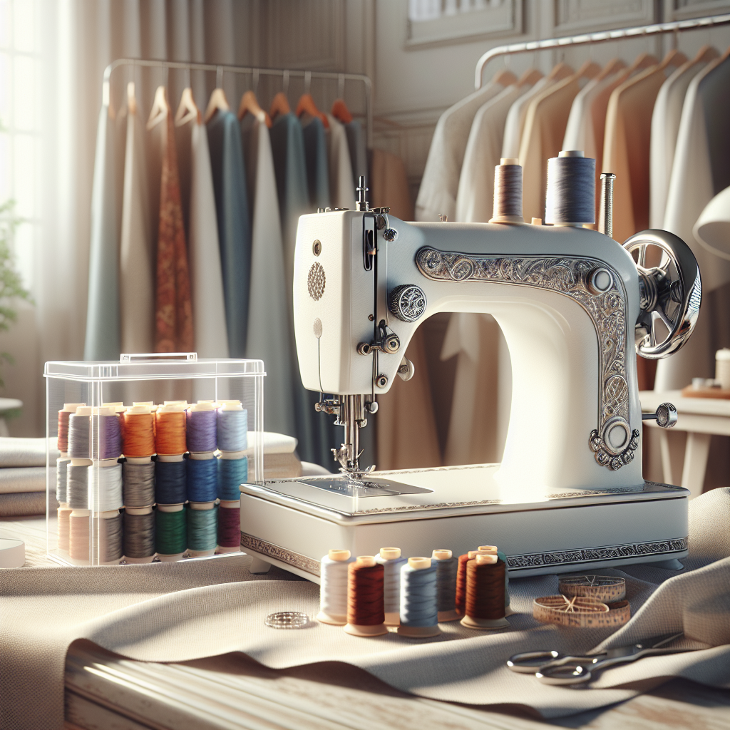 A well-lit sewing room with a sewing machine and colorful spools of thread.