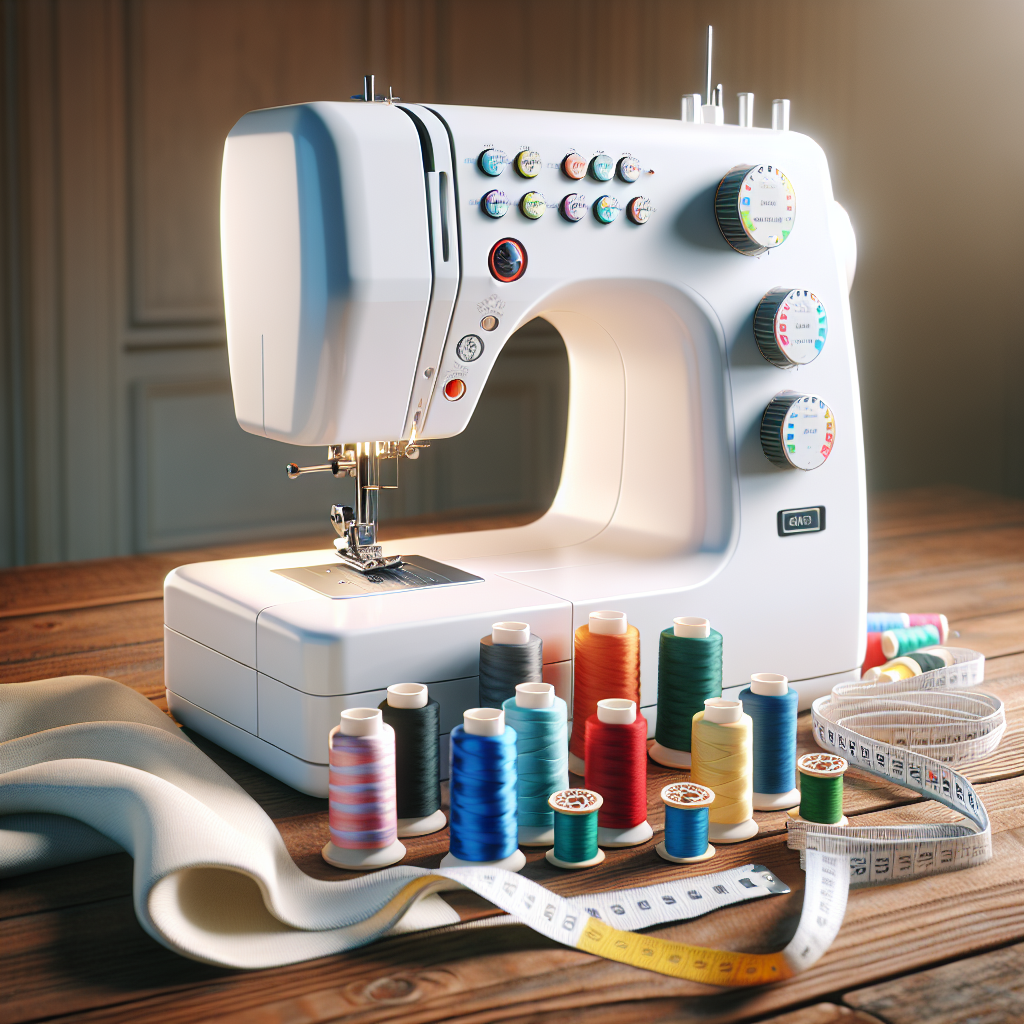 A modern sewing machine on a wooden table surrounded by colorful threads and a measuring tape.