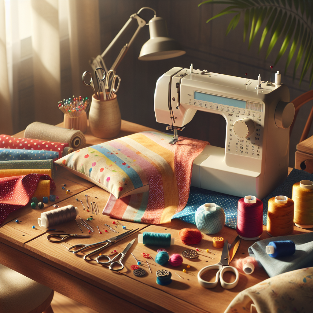 A sewing workspace for beginners with colorful fabrics, a sewing machine, and sewing tools, showcasing a warm and inviting atmosphere.