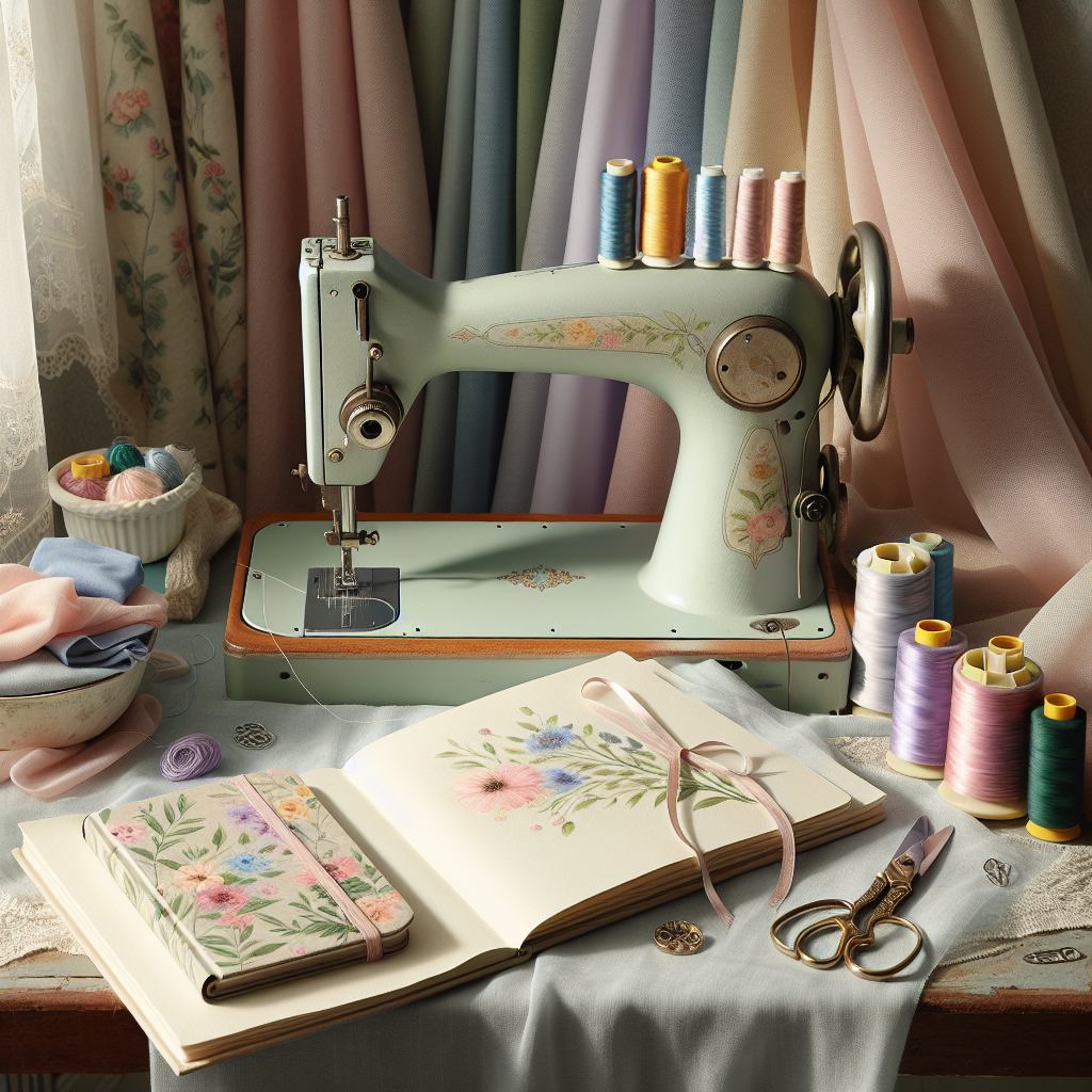 A serene sewing workspace with a vintage sewing machine and colorful fabrics.