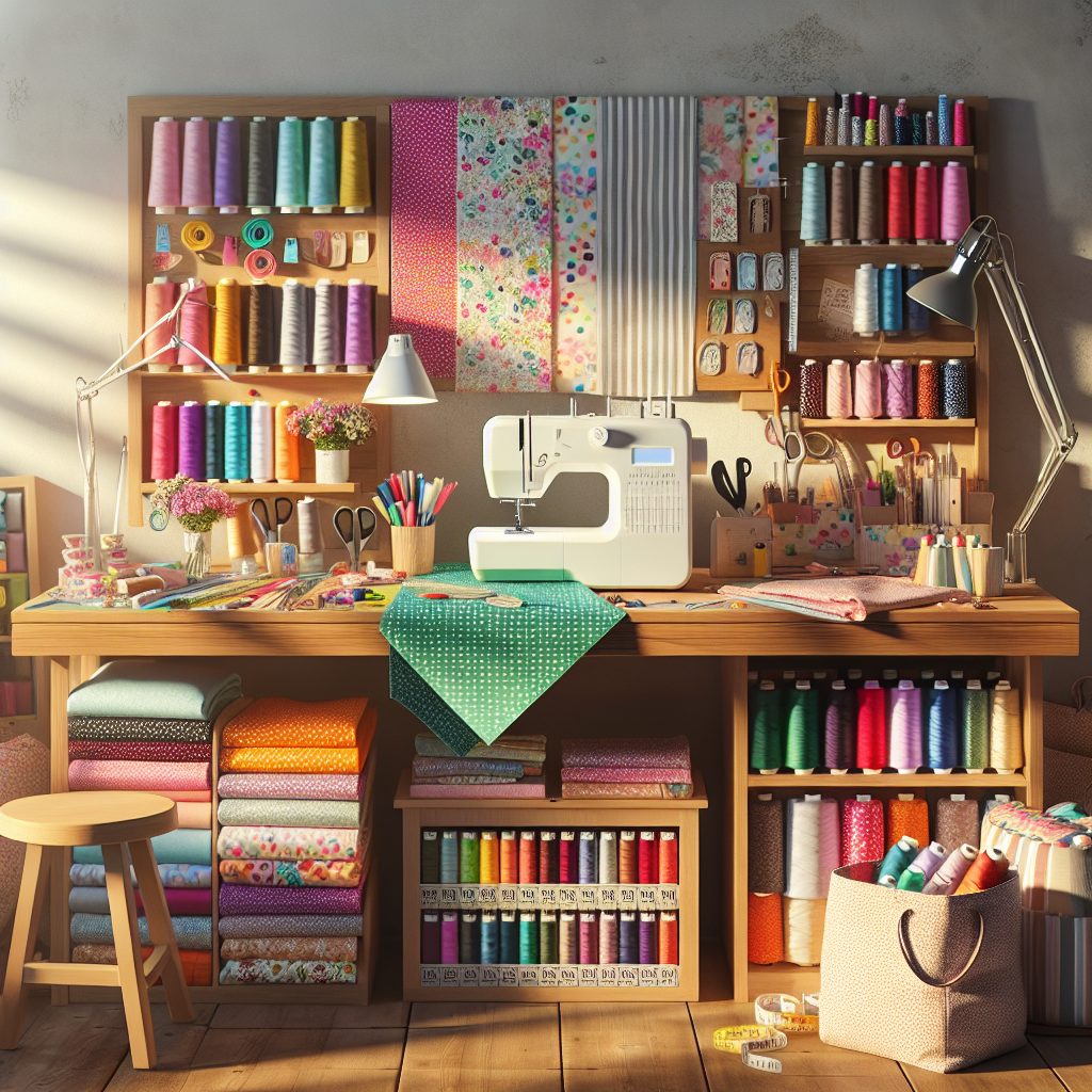 A cozy sewing room with a sewing machine, colorful fabrics, and sewing tools.