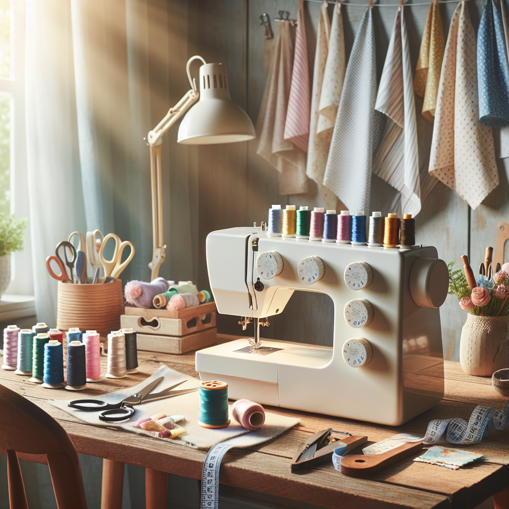 A cozy sewing workspace with a sewing machine, colorful threads, fabrics, scissors, and measuring tape.