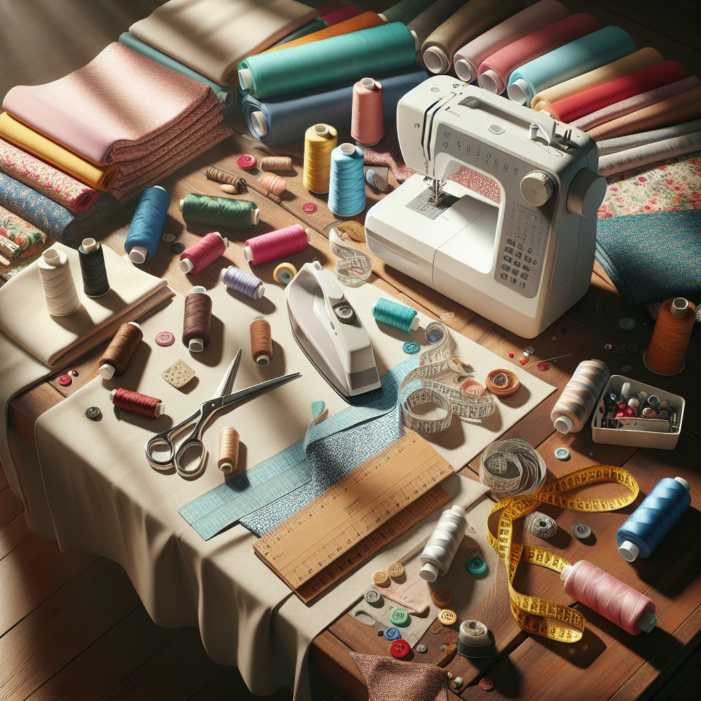 A collection of sewing materials including fabric, a ruler, a sewing machine, and an iron on a wooden table.